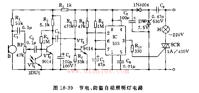 555 power-saving, anti-theft automatic lighting circuit diagram