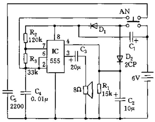 Static micro power double tone door whistle circuit