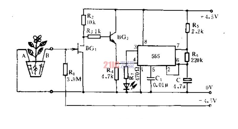 Simple pot flower shortage indicator circuit schematic