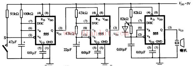 One-click three-call electronic doorbell circuit composed of 555 timer