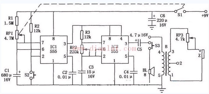 Pocket electronic timing hypnosis massager circuit designed by 555