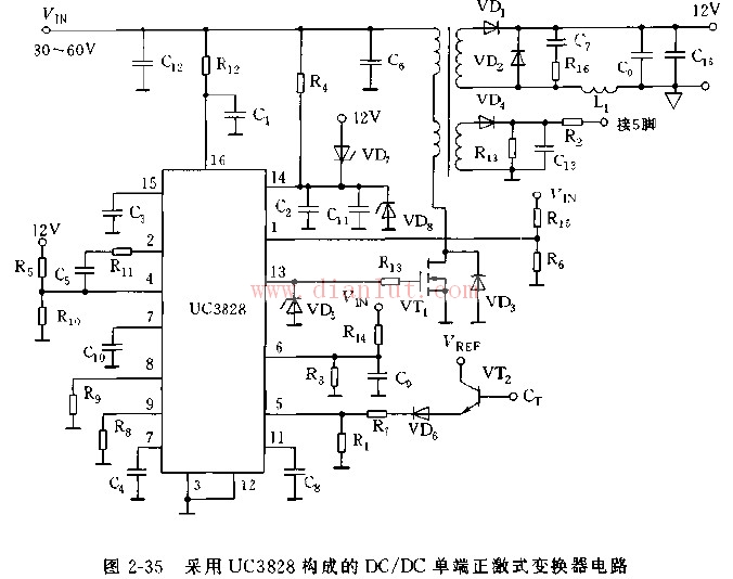 Circuit diagram of DC/DC single-ended converter based on UC3828