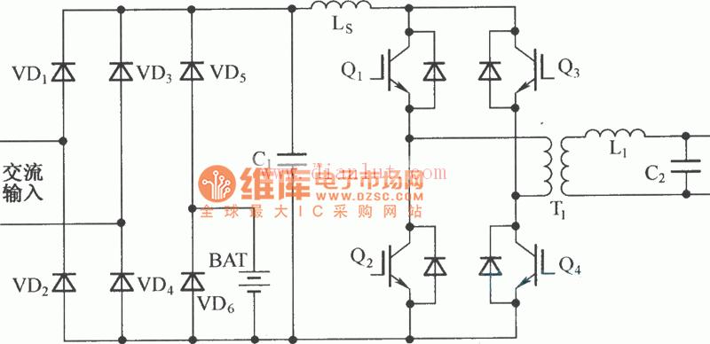 Schematic diagram of double conversion UPS circuit with output transformer