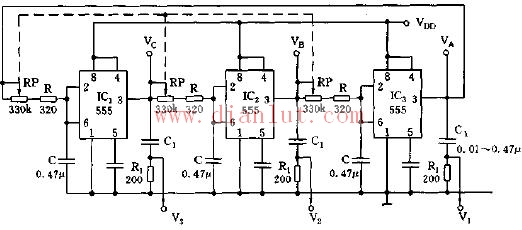 Closed-loop three-phase multivibrator schematic