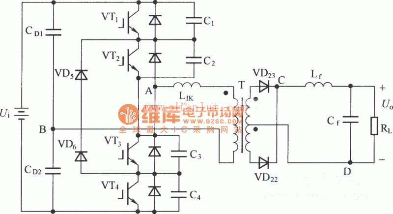 Zero voltage switching three-level DC converter circuit
