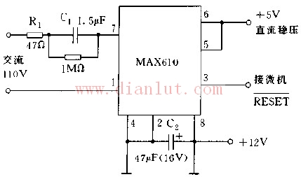 Schematic diagram of 5V/50MA power supply circuit using full-wave rectification MAX610