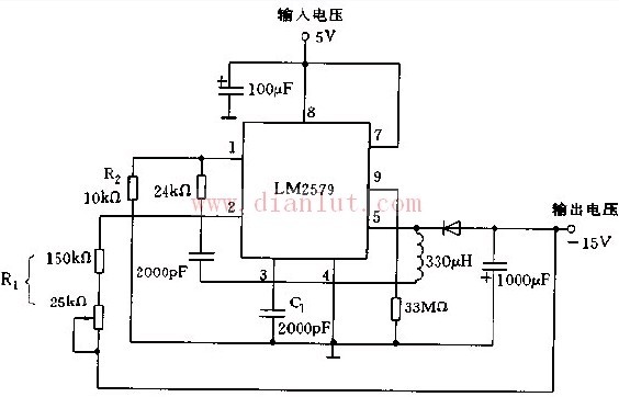 Circuit diagram of DC DC converter using LM2579 to form +15V-15V