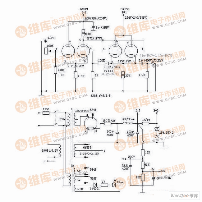 6N8 vacuum tube preamplifier circuit