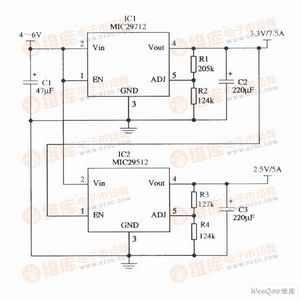 Dual voltage regulator circuit with output timing consisting of MIC29712 and MIC29512