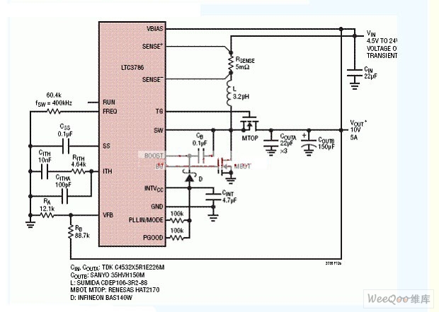 LTC3786 High Efficiency 10.5V Non-Synchronous SEPIC Converter Circuit