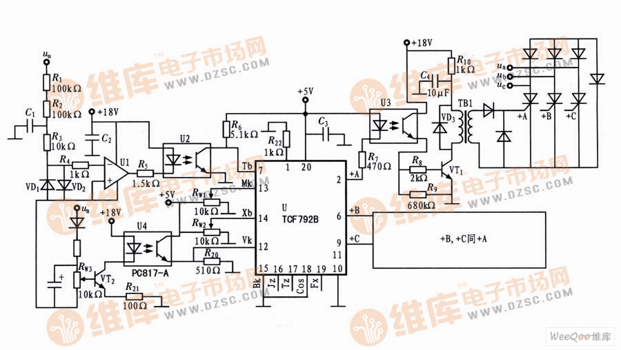 Power frequency three-phase thyristor full-wave half-controlled rectifier circuit principle wiring diagram