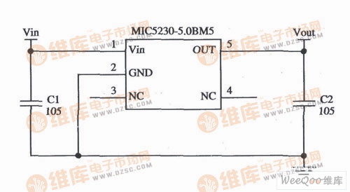 A circuit composed of MIC5230 with an input of 6 to 16V and an output of 5V