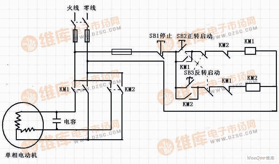 AC contactor positive and negative connection circuit for single-phase motor