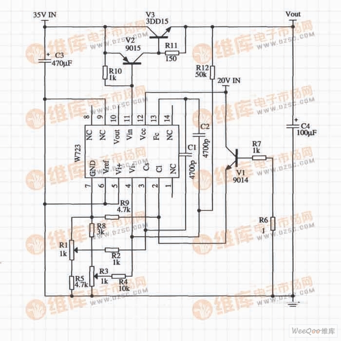 Application circuit based on W723 with adjustable output voltage and current