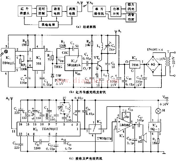 Infrared sensing wireless remote control sound and light alarm device circuit