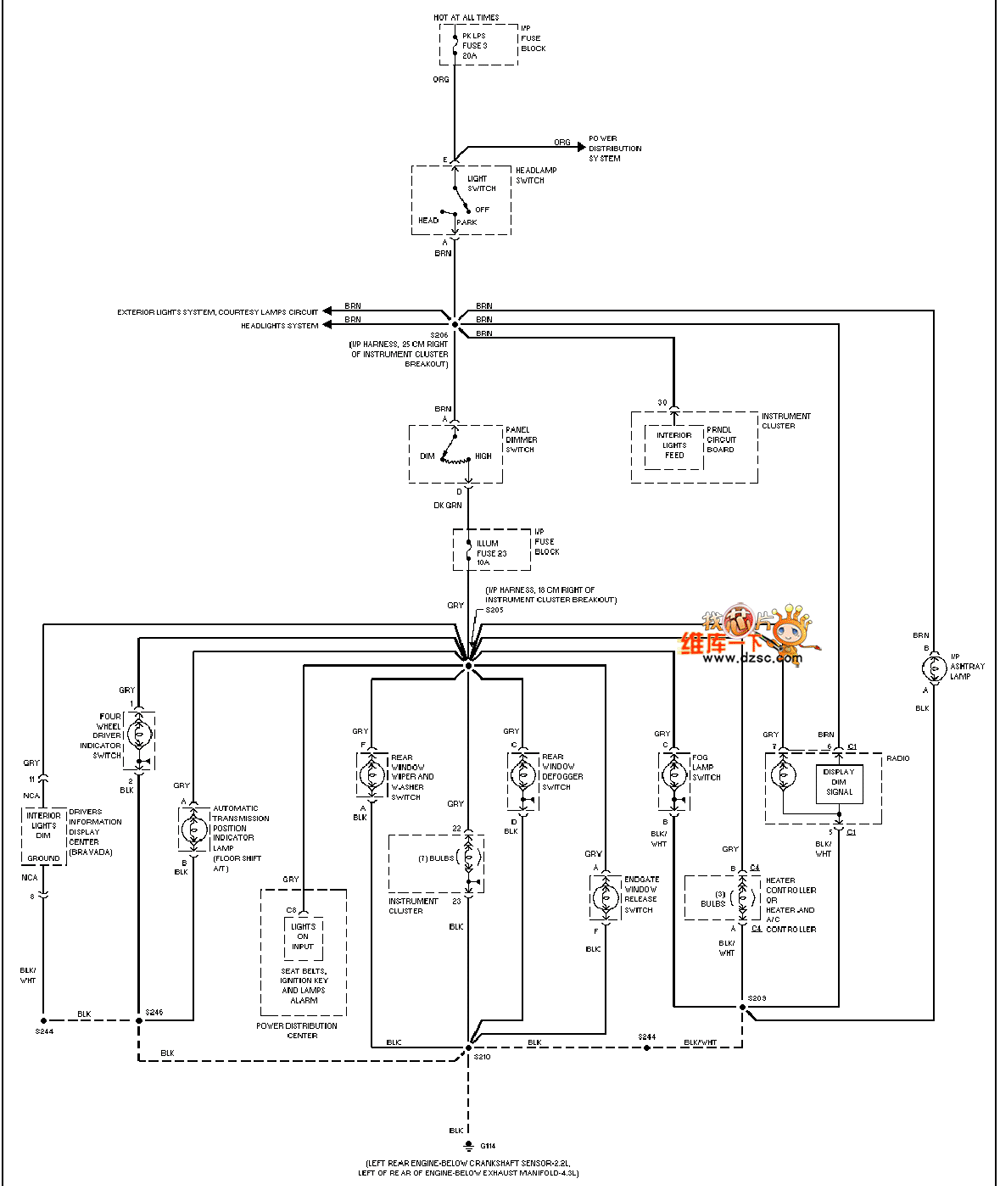 GM 97 Oldsmobile BRAVADA dashboard lighting circuit diagram