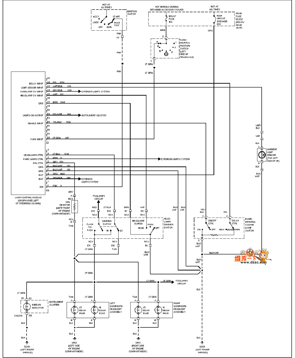 General Oldsmobile (with DRL or low-light warning light) headlight circuit diagram