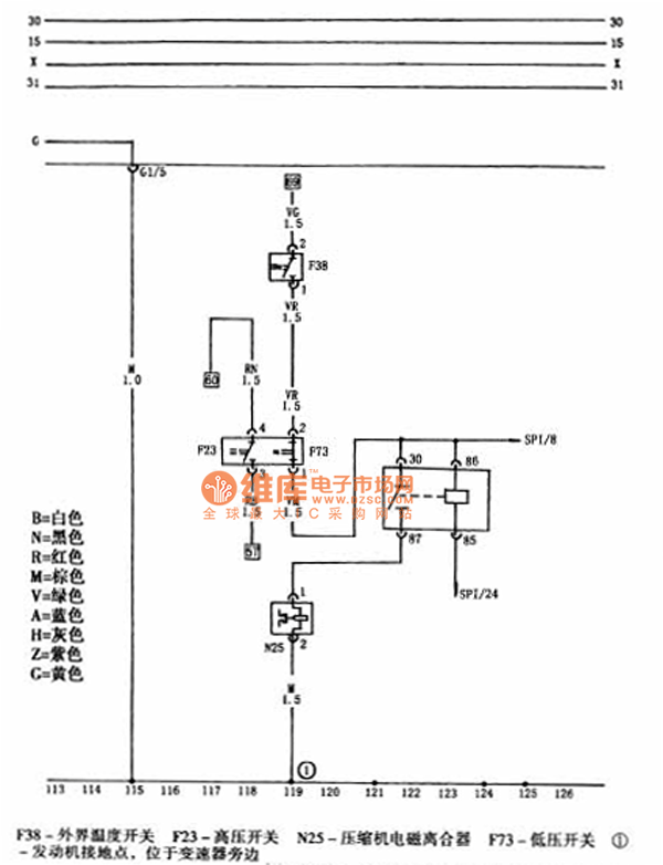 Front model air conditioning high and low pressure switch, idle speed riser valve, air conditioner electromagnetic clutch circuit diagram