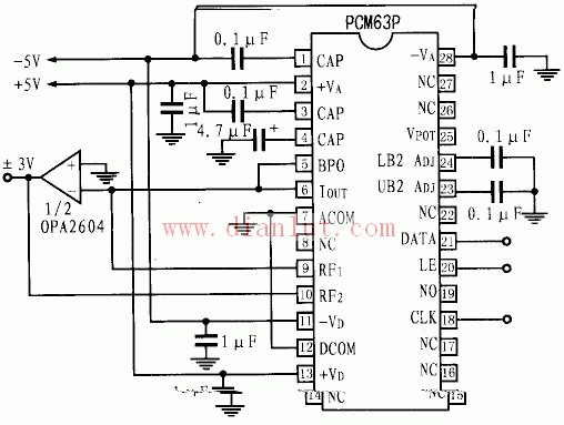 PCM63P application circuit schematic in voltage output mode