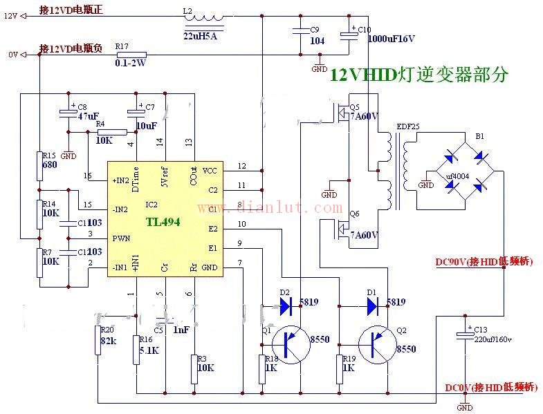 Automotive 12V-HID lamp inverter circuit based on TL494