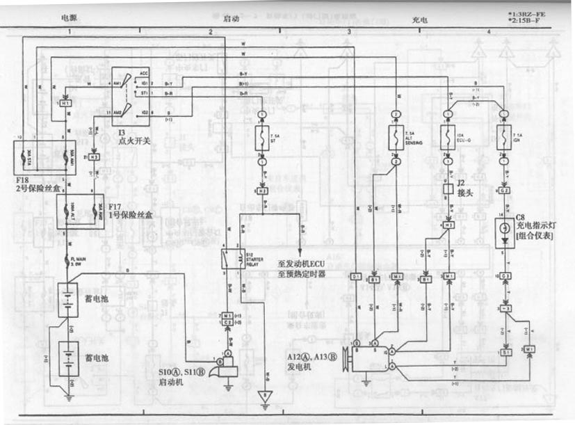 Toyota Coaster bus start system and charging system circuit diagram