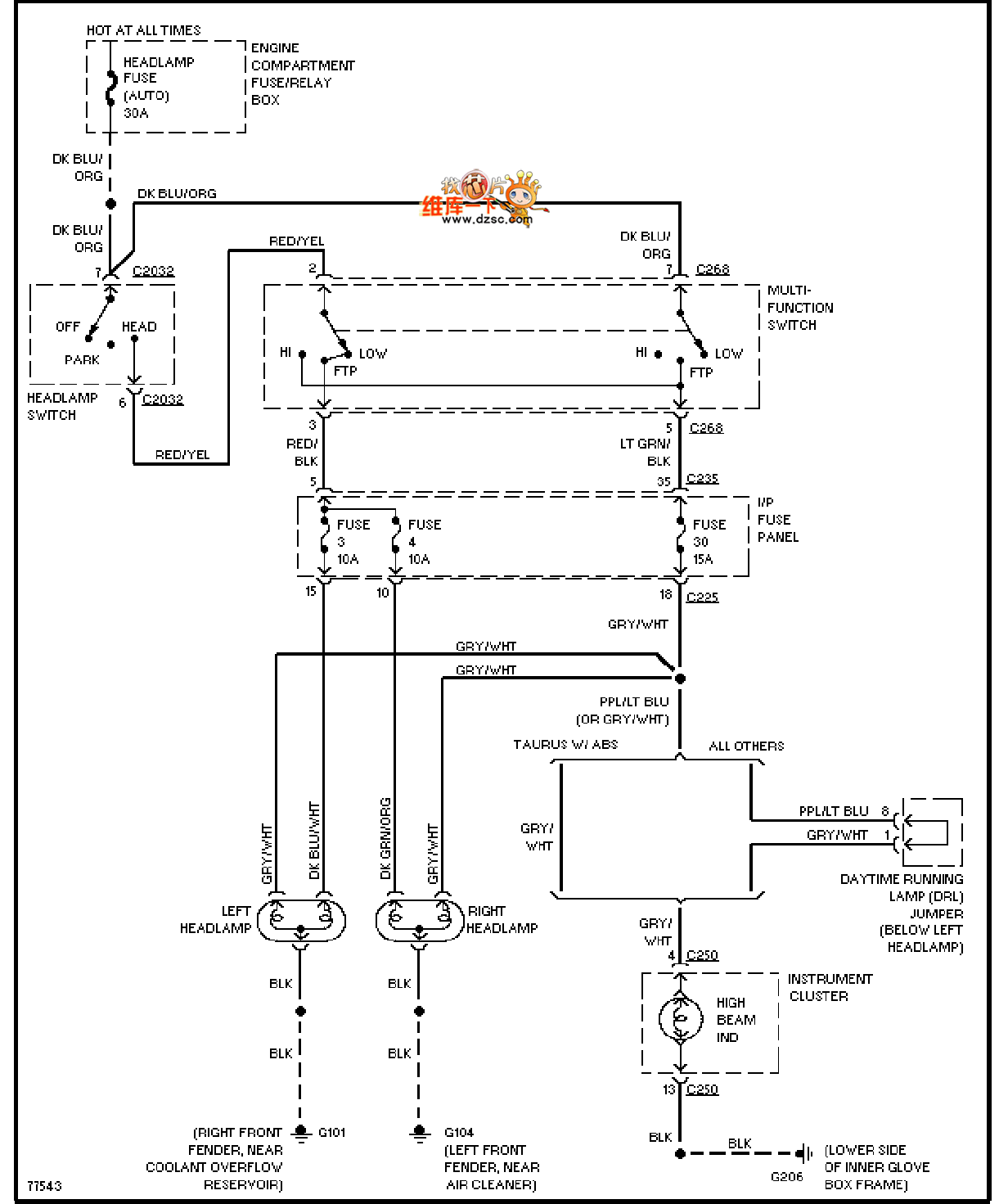 Mazda 96TAURUS (no DRL) headlight circuit diagram