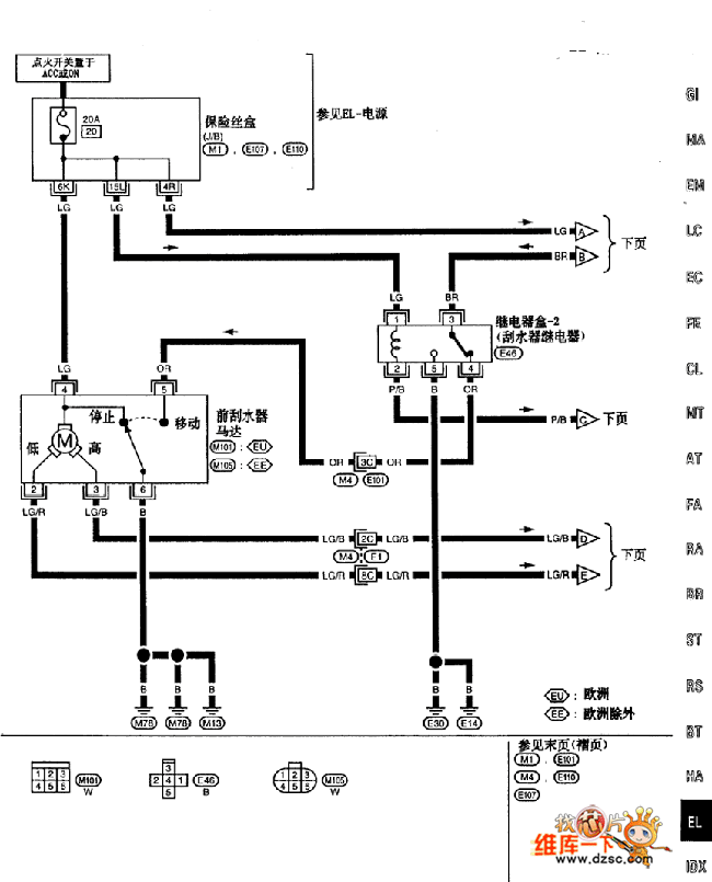 Nissan A32-EL wiper and washer circuit diagram