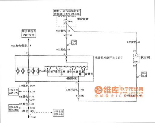 Buick GL8 car radio audio system power supply, grounding and radio control switch circuit diagram