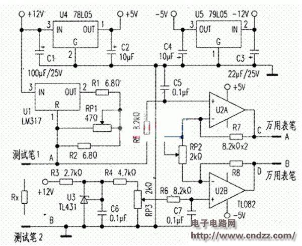 /> Figure 1: Circuit Schematic The operational amplifiers U2A and U2B and R7, R8, RP2 (precision potentiometer) constitute a voltage amplifier circuit, the voltage across the measured resistance 10 times magnification, so the voltage value measured by the digital multimeter from C and D can correspond to the resistance of the measured resistance RX (1mV corresponds to 1mÎ©, 1V corresponds to 1Î©).  In order to improve the stability and accuracy of the amplifier, u4 and u5 are used to provide a symmetrical +5V working power supply for the op amp. U3 and resistor R3 form a 2.5v reference potential circuit, and apply the appropriate potential to the non-inverting terminal of the operational amplifier U2B through R4 and the precision potentiometer RP3 to cancel the current flowing through the test pen 1 and the test pen 2 lead and the contact resistance. The voltage drop. Making and commissioning: The auxiliary circuit board is soldered on a breadboard as shown in Fig. 1. Pay attention to the following points during the production process: (1) The ground wire needs to be connected to point B shown in Figure 1 to avoid the "high current" flowing through the measured resistance Rx affecting the operation of the op amp. .  (2) U4 (78L05) and u5 (79L05) should select tubes with the same output voltage value to ensure that the operating voltage of the op amp is Â±5V symmetrical.  (3) Resistors R7 and R8 should be carefully selected to ensure good resistance.  (4) The circuit uses Â±12V of the computer switching power supply for power supply. Therefore, the LM317 generates a large amount of heat and needs to be equipped with a suitable heat sink, which is also a defect of this circuit.  Debugging step: The first step is to adjust the constant current source current. Place the digital multimeter in a DC 200mA block. Connected in series between A and B, carefully adjust the potentiometer RP1 after power-on. Make the multimeter's reading stable at 100mA. The second step. Adjust the magnification of the amplifier circuit. First, short the two points A and B, then connect the digital meter (200mV voltage block) between the center pin of the potentiometer RP3 and the ground. After power-on, adjust the precision potentiometer RP3. Make the multimeter read 100mV, then connect the multimeter between C and D. Carefully adjust the precision potentiometer RP2 to stabilize the multimeter's reading to 1V. The third step is to adjust to zero. In the case of power failure, disconnect the short-circuit line connected between A and B in the previous step. After power-on, touch test pen 1 and test pen 2 together, carefully adjust the precision potentiometer RP3. Make the voltage between the two points c and D as 0mV as much as possible. It is difficult to adjust to 0mV in actual operation. However, it can be adjusted to 3mv-6mV, which ensures that the measured voltage accuracy is less than 10mV (corresponding to 10mÎ©). Measurement and comparison: This circuit is suitable for measuring small resistances less than 8Î©. In the actual measurement, the digital multimeter (low voltage gear) is connected between C and D. After power-on, the test pen 1 and the test pen 2 are reliably contacted at both ends of the measured resistance. Reading from the multimeter (1mV corresponds to 1mÎ©, .IV corresponds to 1Î©), the resistance of the measured small resistance resistor can be obtained. When measuring the resistance of a milliohm resistor (such as the constant copper resistor in a high-end switching power supply), first place the two test pens on the pad on one end of the constant copper resistor, measure and record the reading; then test the two test pens. Place the pads on both ends of the Constantar resistance separately, measure again and record the reading: then subtract the previous measured reading from the last measured reading. The resistance of the milliohm resistor can be obtained. The attached table uses the VICTOR VC9805A+ digital multimeter 200Î© gear and uses this circuit to measure the actual data of different small resistance resistors in conjunction with the multimeter low voltage file, the unit is Î©. <img width="589" height="164" src="http://i.bosscdn.com/blog/20/17/56/16243776818.jpg" alt=