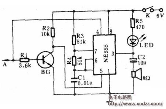 /> The detector circuit principle is shown in the figure. When the probe A is suspended, the transistor BG is turned off, the control terminal 5 of the time base circuit NE555 is at a high potential, the controlled audio oscillator composed of NE555, R3, R4, Cl is not vibrating, the speaker is silent, and the NE555 3 The foot output is high level, the LED is off and does not emit light, that is, the detector is silent and no light. When the probe A touches the logic â€œOâ€ level, the reset terminal of the NE555 has a low level, the circuit is reset, so that the audio oscillator still does not vibrate, and the speaker is still silent, but the output of the NE555 is low. Ping, the LED is illuminated, that is, the detector has light and no sound; when the probe A touches the logic "1" level, the 4 pin of the NE555 becomes a high level, and the BG is turned on to make the 5 pin of the NE555 become a low level. The controlled audio oscillator starts up, the speaker emits sound, and the LED flashes, that is, the detector has sound and light. When the probe A contact is a continuous pulse, the LED and the speaker will alternately operate to make an acousto-optic indication.  The probe A of the detector can be made by a suitable copper wire, the triode adopts a 3DK3 or 3DK7 switch tube, the LED uses a red light emitting diode, and the power supply can use a 6V laminated battery. All components are housed in a pocket radio case. When installing, pay attention to the location of the LEDs and speakers on the case, and pull the probe and ground wire out of the case. </p> </div> <div class="tech-detail-share"> <!-- Baidu Button BEGIN --> <div class="bdsharebuttonbox"> <a href="#" class ="bds_qzone" data-cmd="qzone" title="Share to QQ space"></a> <a href="#" class="bds_tsina" data-cmd="tsina" title="Share to Sina Wei Bo"></a> <a href="#" class="bds_weixin" data-cmd="weixin" title="Share to WeChat"></a> <span>Share to:</span> </ Div> <script>window._bd_share_config = { "common": { "bdSnsKey": {}, "bdText": "", "bdMini": "1", "bdMiniList": false, "bdPic": "", "bdStyle": "2", "bdSize": "16" }, "share": {} }; with (document) 0[(getElementsByTagName(