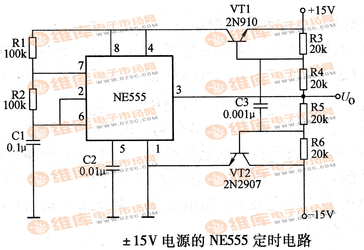 NE555 timing circuit with +15V power supply