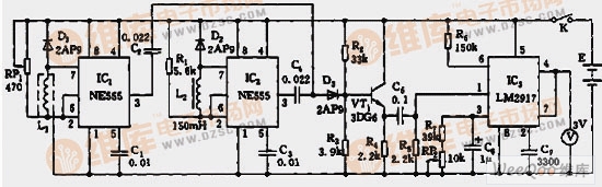 Metal detector circuit composed of 555