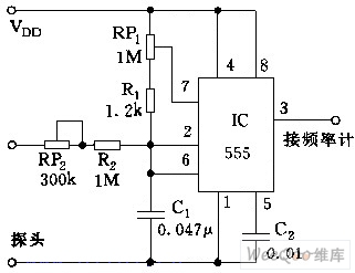 555 additional circuit for measuring voltage with a frequency meter