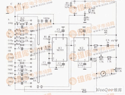 Multi-purpose resistor, capacitor, and inductance measuring instrument circuit