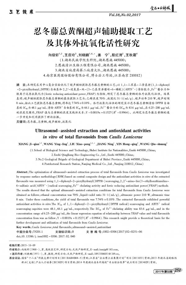 Ultrasound-assisted extraction of total flavonoids from Lonicera japonica Thunb. and its antioxidant activity in vitro