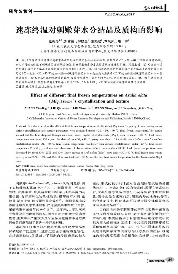 Effect of Final Freezing Temperature on Moisture Crystallization and Texture of Thorn Shoots