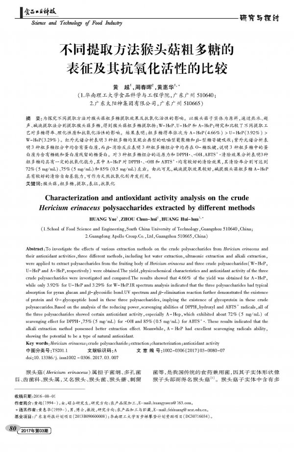 Characterization and Antioxidant Activity of Crude Polysaccharides from Hericium erinaceus under Different Extraction Methods