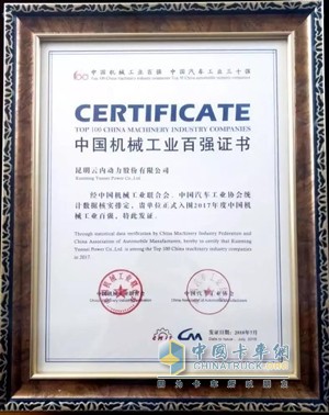 Yunnei Power once again won the title of â€œTop 100 Chinese Machinery Industry Enterprisesâ€