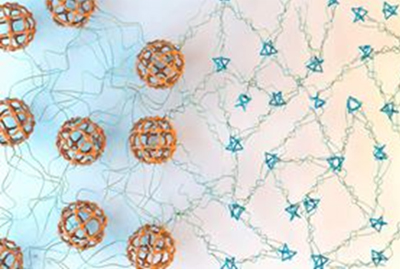 The picture shows a polymer designed by a chemist at the Massachusetts Institute of Technology that is both light-sensitive and reversibly switchable from a large structure (orange sphere) to a smaller blue object.