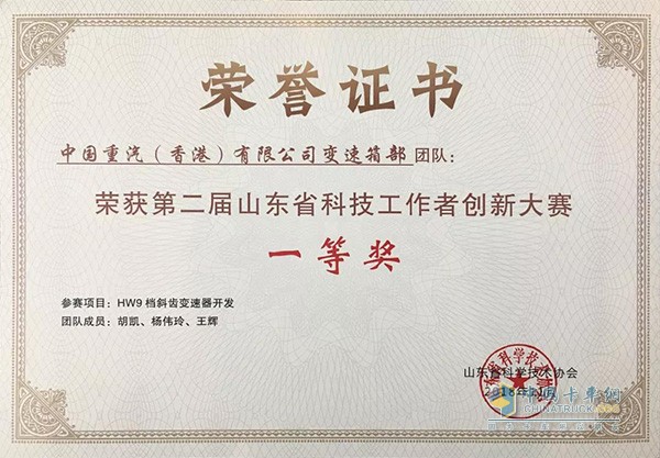 Heavy Duty Transmission won the first prize of the 2nd Shandong Science and Technology Workers Innovation Competition