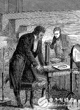 Oster with an assistant conducting an electromagnetic experiment. (Louis Figuier: Les merveilles de la science, ou Description populaire des inventions modernes (1867), page 713)