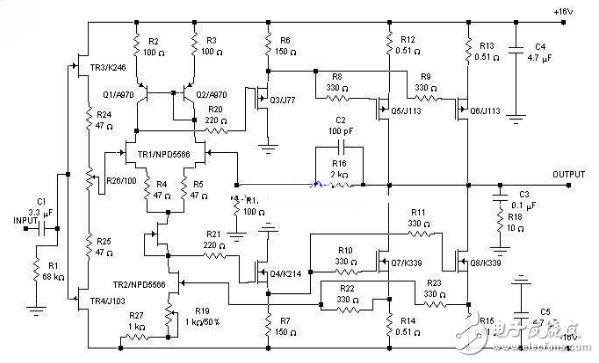Single-ended class A power amplifier circuit diagram