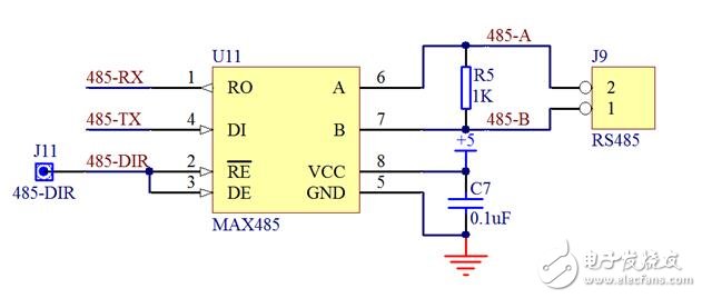 Single-chip RS485 communication interface, schematic, control line