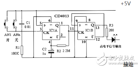 CD4013 integrated circuit signal transmission characteristics and application circuit (multi-ground control light switch)