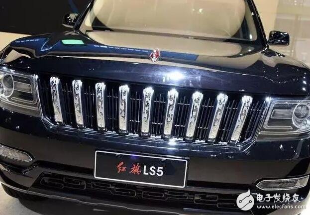 Red flag LS5 first domestic large-scale SUV, modeling atmosphere, hard, steady, front face 9 dragons, wheels 8 dragons, known as the dragon's descendant