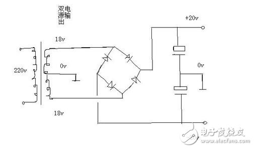 No two rectifier bridges are needed. Use one, connect two 18 volt AC to the AC input of the rectifier bridge, connect the transformer tap 0 volt ground wire (the ground wire of the circuit board), the rectifier bridge DC output + - the termination capacitor filter, and the capacitors are connected in series. After that, the positive pole is connected to the positive pole of the rectifier bridge, the negative pole of the capacitor is connected to the negative pole of the rectifier bridge, and the middle of the two capacitors connected in series leads out a line grounding wire, that is, a double 18 volt AC tap. This allows a dual supply of plus or minus 20 volts to be obtained at the DC output.