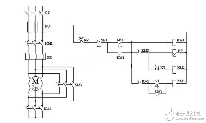 In the control circuit of the autotransformer step-down starting, limiting the motor starting current is achieved by the step-down action of the autotransformer. The primary of the autotransformer is connected to the power supply, and the secondary of the autotransformer is connected to the motor.