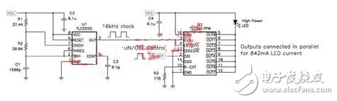 Dedicated LED drivers are often designed to be microprocessor controlled and are designed to implement features such as analog or pulse width modulation (PWM) LED current control, independent control of each LED, LED status and fault information reading. These advanced features may not be required for applications that require only constant LED current (eg LED illumination or illumination). In these applications, a 555 timer such as the TLC555 can replace the microprocessor, thereby reducing system cost while achieving precise control of the LED current, independent of input voltage, temperature, and LED forward voltage drop.