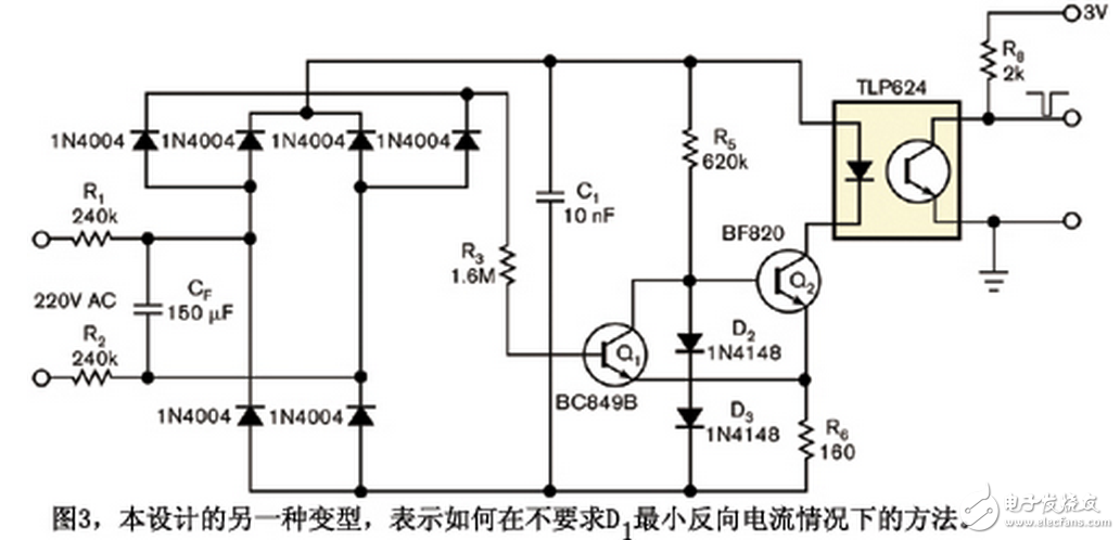 In almost all AC cycles, except for the near zero crossing point, Q1 is on and Q2 is off. Therefore, near the zero crossing point, the state of the Schmitt triggers Q1 and Q2 is reversed, and Q2 causes the capacitor C1 to discharge at a constant current because the circuit composed of Q2, D2, D3, R5, and R6 stabilizes the current at I = ( 2 Ã— VD - VBE2) / R6, where VD is the voltage drop across D2 or D3, and VBE2 is the base shot voltage of Q2.