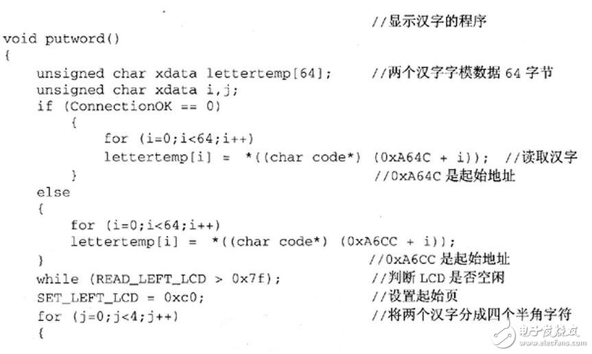 The subroutine of the display part of the system is related to the font data structure. Here, the ASCII character display subroutine and the subroutine displaying the Chinese character font separately are listed. According to these two subroutines, the display program realization principle of the display part can also be seen.